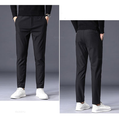Winter Warm Men's Fleece Pants Thick Business Stretch Slim Fit Elastic Waist Jogger Korean Classic Black Gray Blue Trousers Male