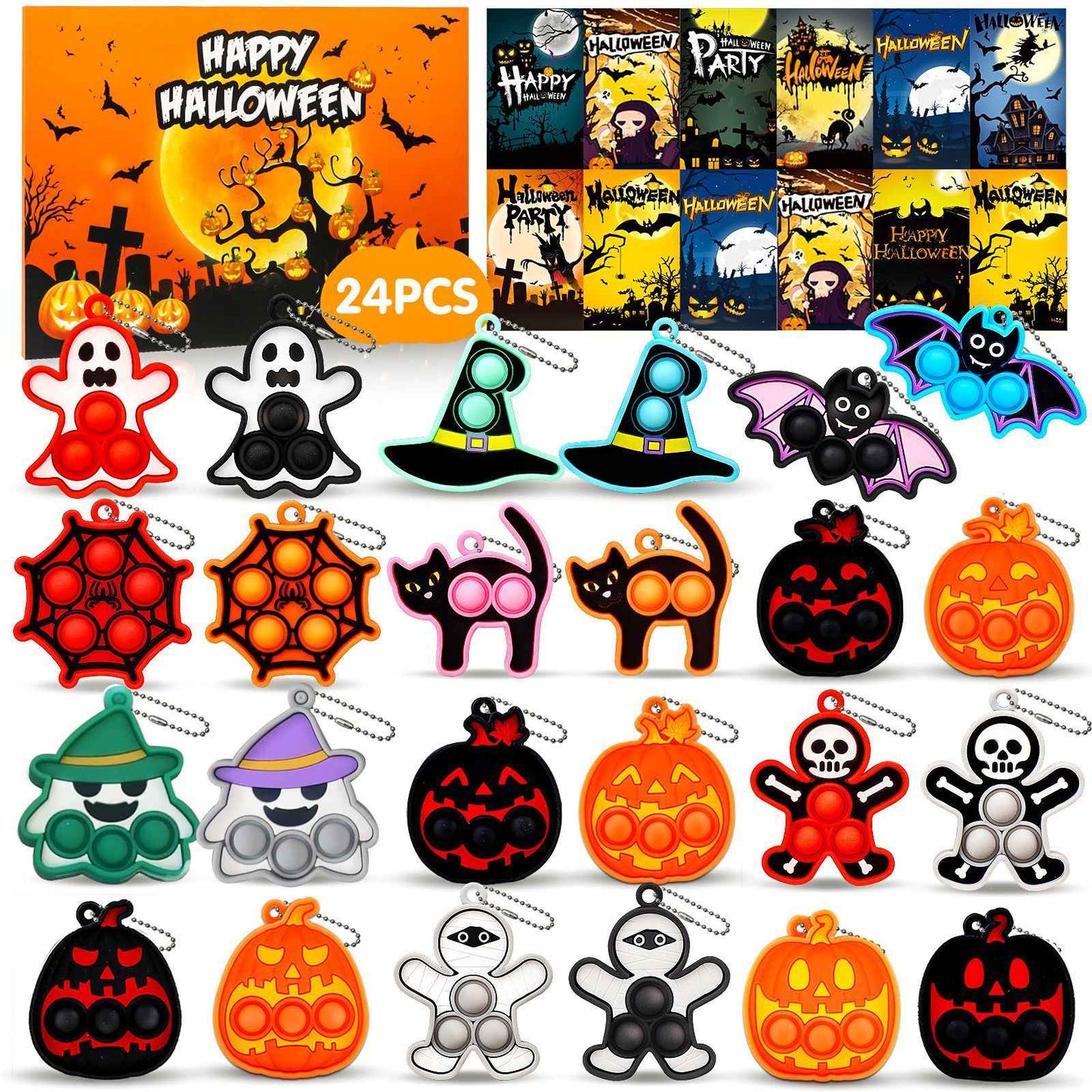 6-24PCS Halloween Mini Silicone Decompression KeychainPumpkin Bubble Backpack Pendant Push Keychains Sensory Toy Halloween Gift