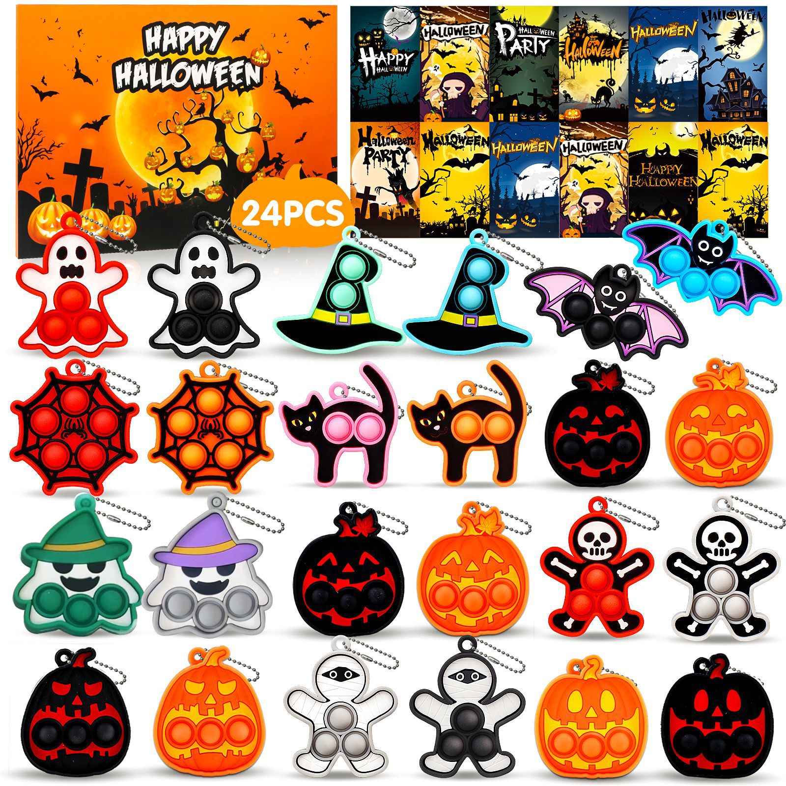 6-24PCS Halloween Mini Silicone Decompression KeychainPumpkin Bubble Backpack Pendant Push Keychains Sensory Toy Halloween Gift