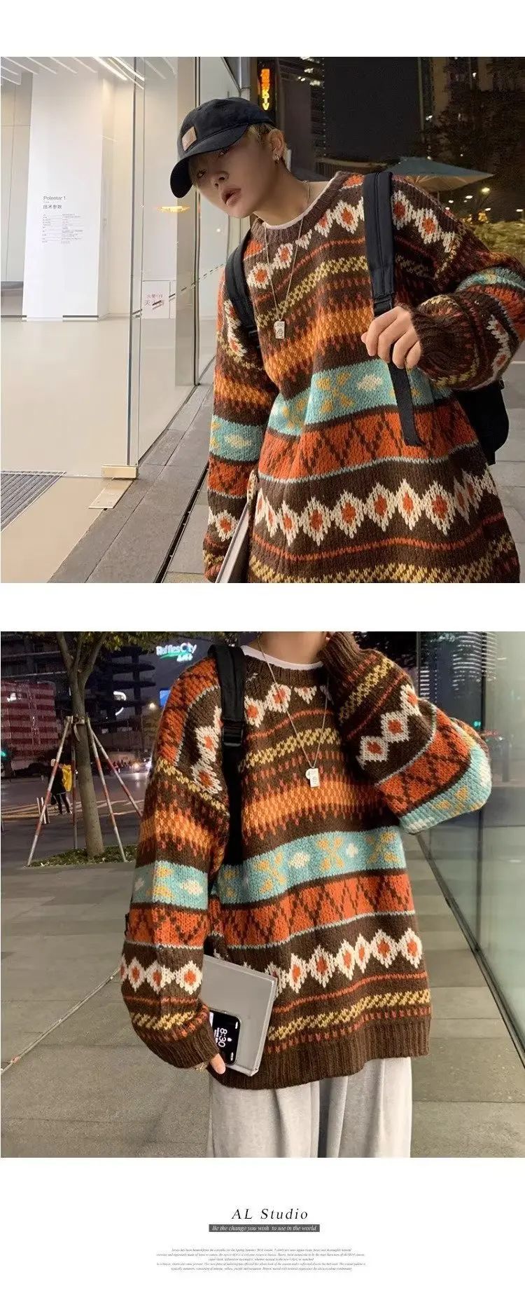 Japanese Vintage Sweater Men's Trendy Ethnic Striped Loose-Fit Knitted Top Casual Crew Neck Idle Style Couple Model Sweater