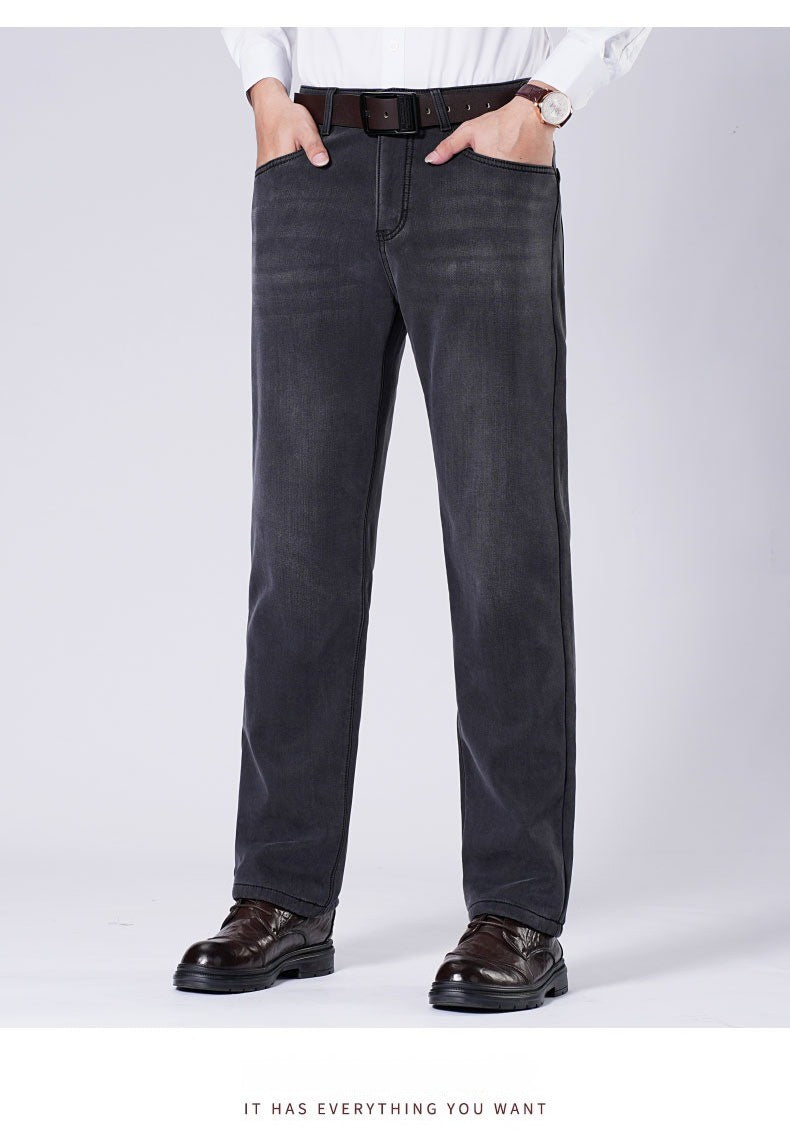 Men's Fleece Straight Leg Jeans Winter Thick Warm Business Casual Velvet Pants Elastic Loose Trousers Outdoorwear