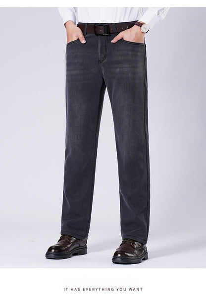 Men's Fleece Straight Leg Jeans Winter Thick Warm Business Casual Velvet Pants Elastic Loose Trousers Outdoorwear
