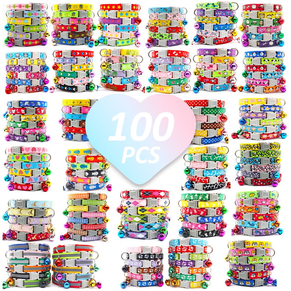 100Pcs Dog Collar With Bells Adjustable customize Necklace Puppy Kitten Collar Accessories Pet Shop Products Rabbit Neck Strap