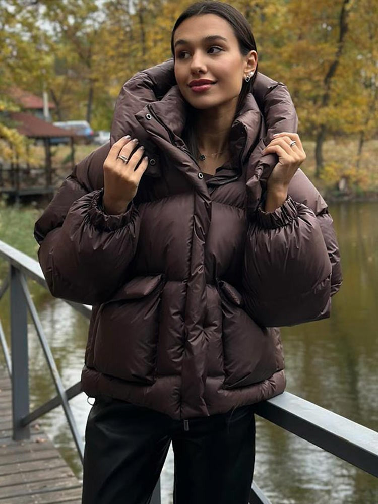 Casual Hooded Padded Jackets Women's Loose Full Sleeves Zipper Pockets Stand Collar Coats 2025 New Autumn Winter Ladies Outwear