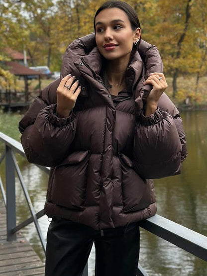 Casual Hooded Padded Jackets Women's Loose Full Sleeves Zipper Pockets Stand Collar Coats 2025 New Autumn Winter Ladies Outwear
