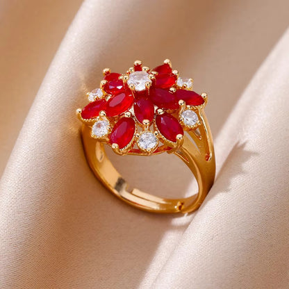 Anéis de Luxo em Aço Inoxidável Banhado a Ouro Pedra Colorida Zircônia Cristal Coração Anel Feminino Casamento Joias Boho Presente de Natal