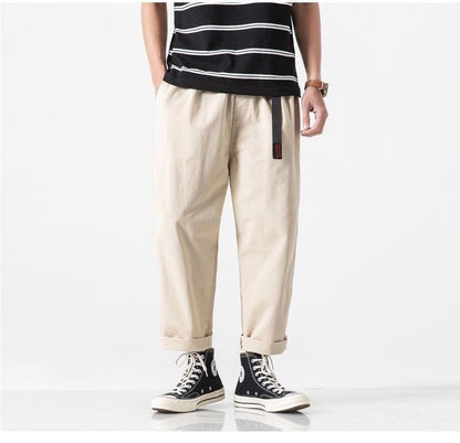 100% Cotton Casual Summer Pants With Belt Men Straight Baggy Ankle-Length Cargo Trousers Wide Leg Sweatpants Male Streetwear