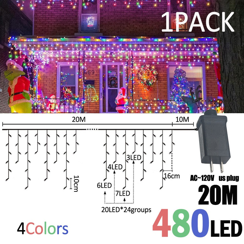 LED Christmas Icicle Curtain String Lights 20M+10M 480LED Extens 8Modes, Plug in Waterproof for Wedding Party Home Garden