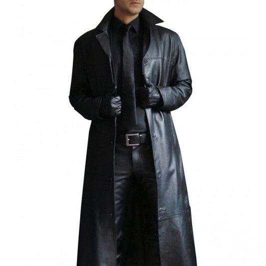 2025 Men Faux Leather Trench Fashion Long Sleeve Autumn Windbreaker Coat Slim Leather Long Leather Jacket Men's Jacket Outwear
