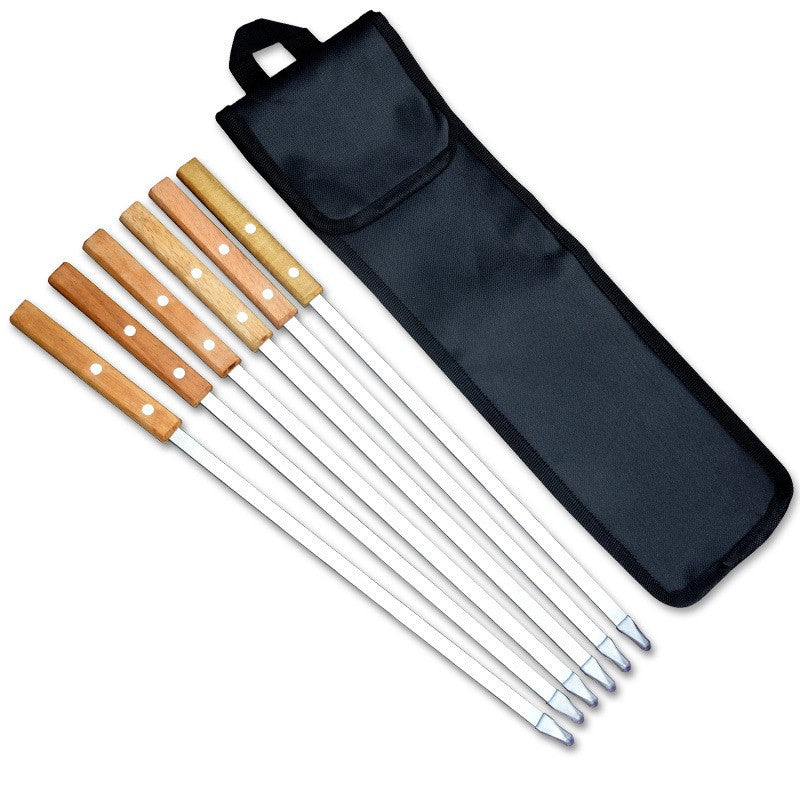 6Pcs/Set Barbecue Meat String Skewer Chunks of Meat Stainless Steel Natural Beech Handle Roast Stick for BBQ Outdoor Picnic