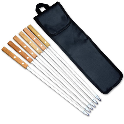 6Pcs/Set Barbecue Meat String Skewer Chunks of Meat Stainless Steel Natural Beech Handle Roast Stick for BBQ Outdoor Picnic
