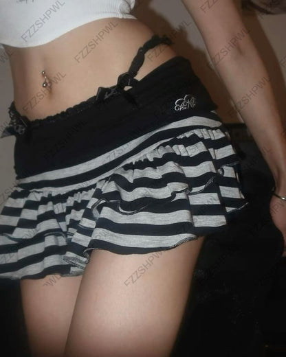 Y2K fashion sweet striped layered mini skirt for women Harajuku A-line skirt 90s Summer Hot Girl elastic high-waisted cake skirt