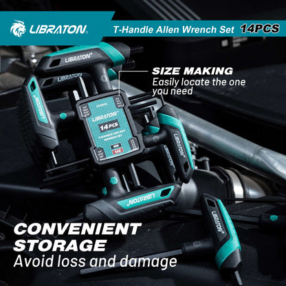 LIBRATON Jogo de Chaves Hexagonais Allen em T, 14 Peças Métricas e SAE, Ferramenta para Reparo Automotivo e Bicicletas, com Suporte de Armazenamento, Design com Duas Pontas