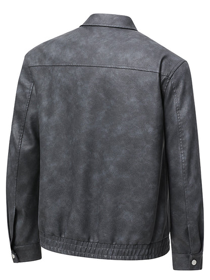 Plus Size Men's Casual Loose Fit Turndown Collar Motorcycle PU Leather Jacket, Suitable For Autumn, Zipper Front