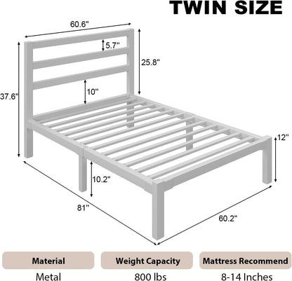 Twin Size Bed Frame, Metal Platform Bed Frame with Headboard, Mattress Foundation with Spacious Underbed Storage, No Box Spring