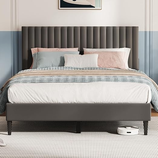 Estrutura de Cama Queen, Cama Plataforma Estofada em Veludo com Cabeceira, Forte Suporte de Ripas de Madeira, Sem Ruído, Suporte para Colchão