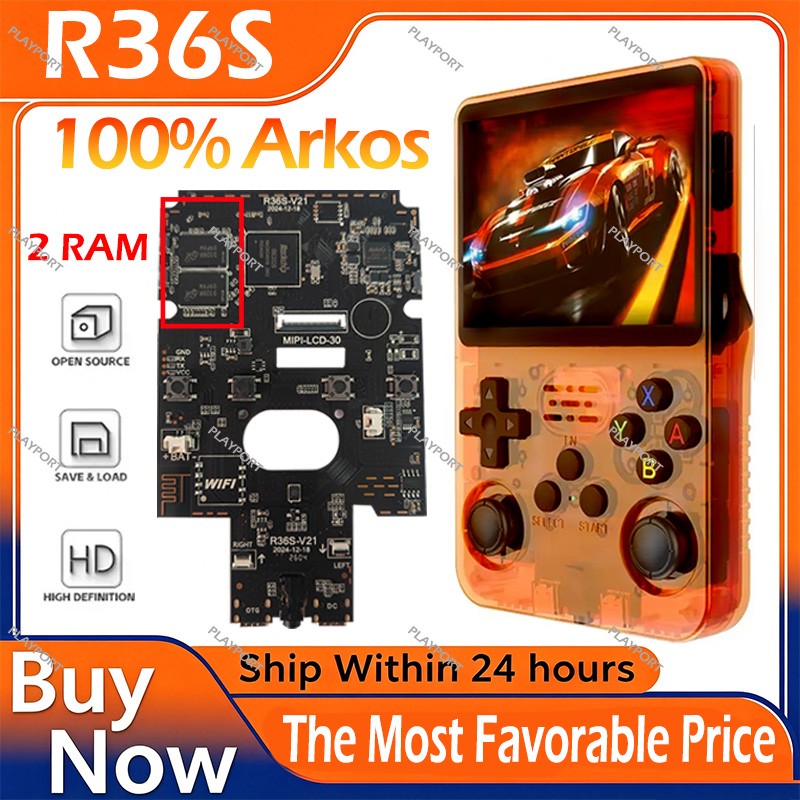 R36S Original Retro Handheld Game Player Arkos System 3.5" IPS Screen Portable 64/128GB Hall Effect Emulator Wireless Gamepad