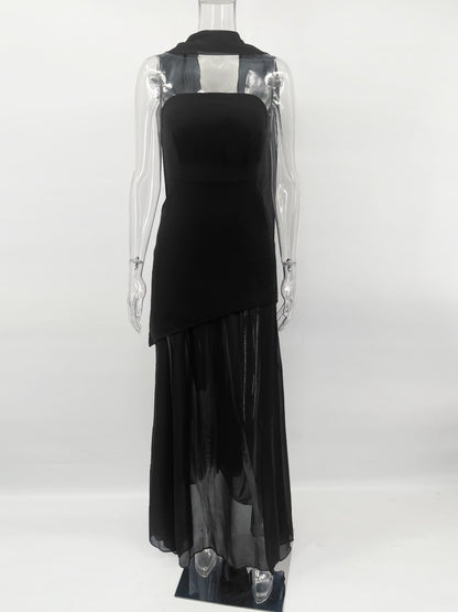 TARUXY Fashion Strapless Dress With Ribbon Female Elegant Sleeveless Mesh Beach