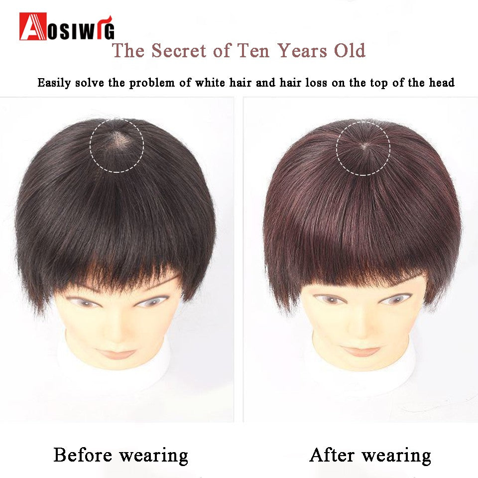 Perucas de cabelo encaracolado sintético AOSI castanho preto, substituição de extensões de cabelo tipo topete, apliques femininos com franja