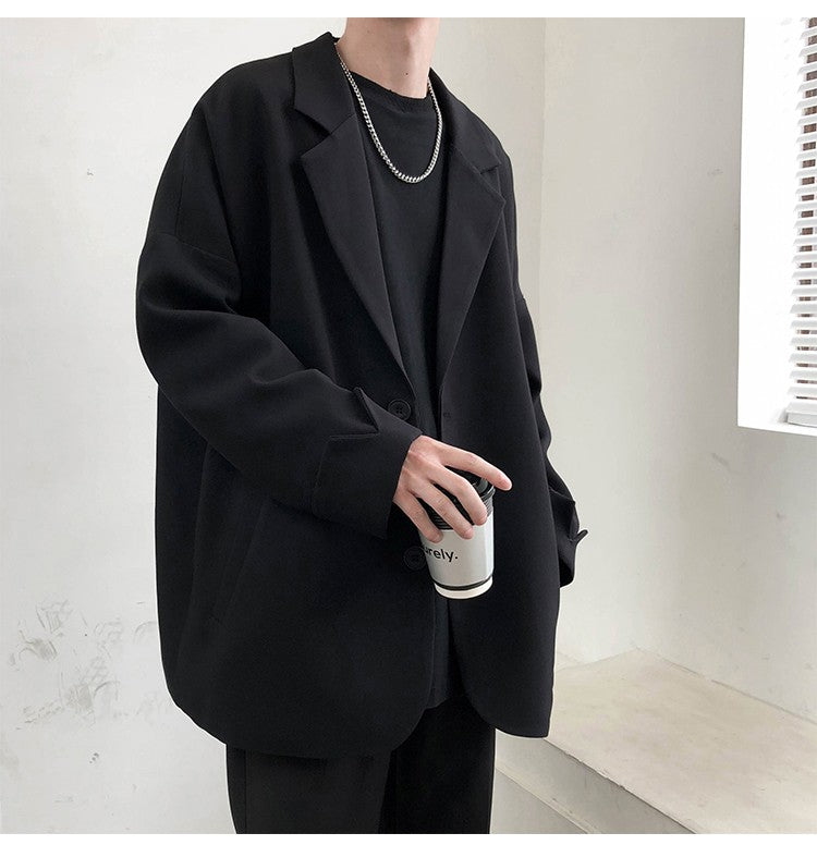 Autumn Men's Casual Solid Color Blazer Korean Style Business Single Trendy Oversize Business Suit Jackets Retro Daily Streetwear