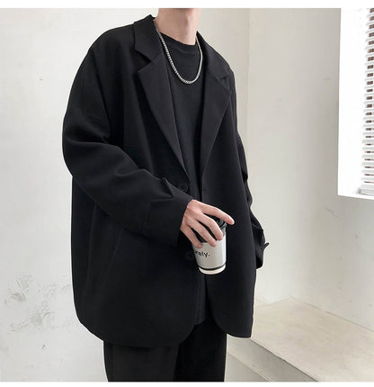 Autumn Men's Casual Solid Color Blazer Korean Style Business Single Trendy Oversize Business Suit Jackets Retro Daily Streetwear