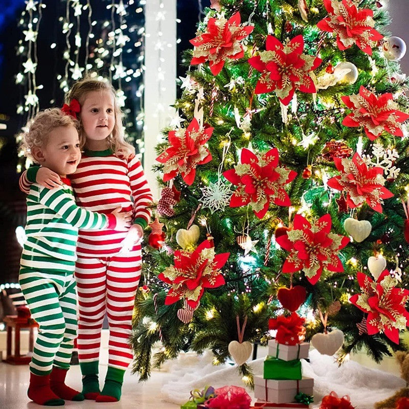 10PCS Glitter Artificial Christmas Flowers for Xmas Tree Ornament Fake Flower Floral with Clips New Year Party Home Decoration