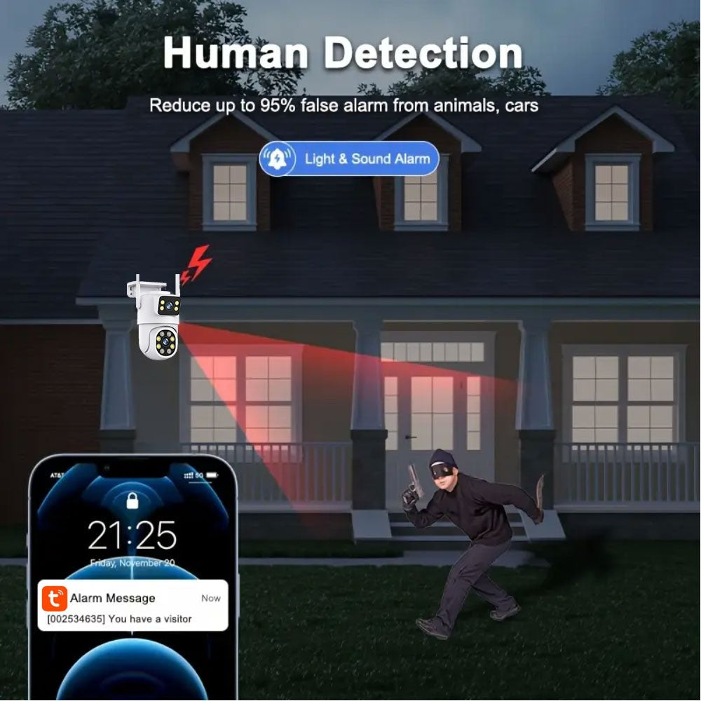 Câmera WIFI PTZ de Lente Dupla Tuya 4K 8MP para Exterior com Tela Dupla Ai Detecção Humana Automática Segurança com Alexa Google