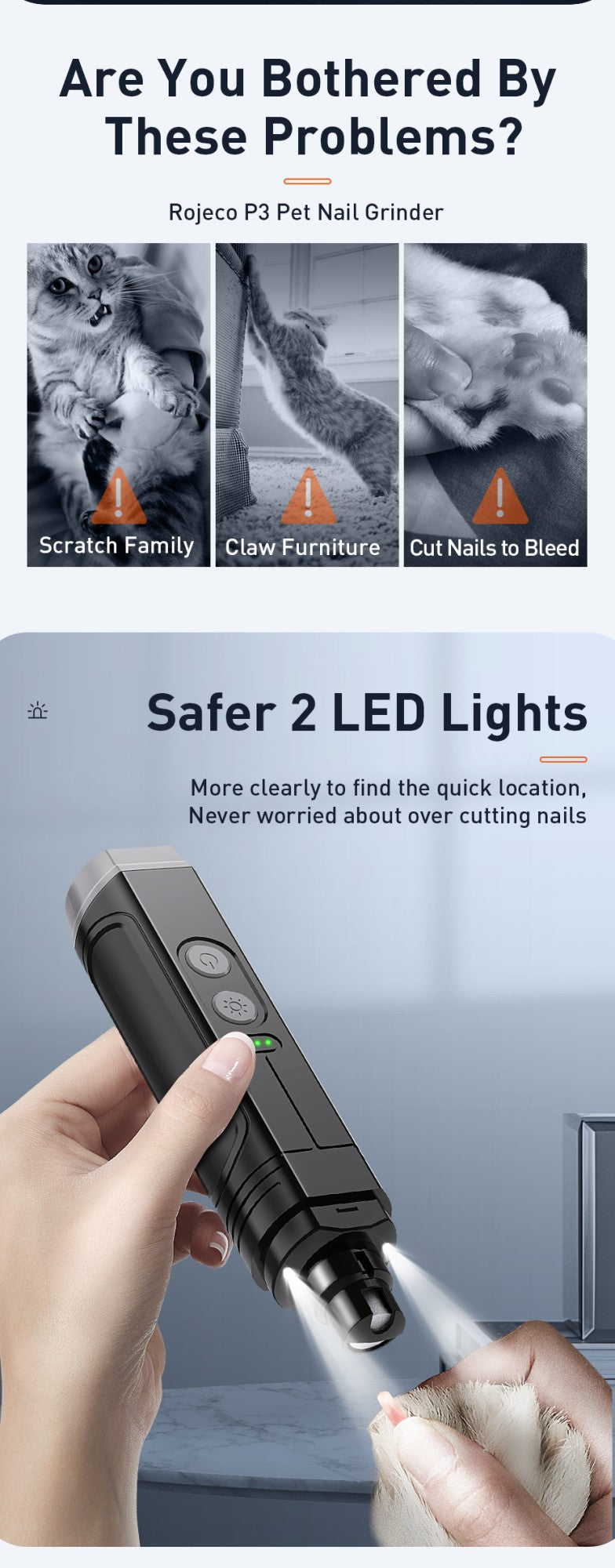 ROJECO P3 Lixador de Unhas Elétrico para Pets Aparador de Unhas de Cachorro com 2 Luzes LED Recarregável Ferramentas para Aparar Unhas de Gato