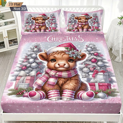 3pcs Christmas Highland Cow Print Coreless Bed Sheet Set Multiple Size Bed Cover Bedroom Bedding,  Decoration Machine Washable