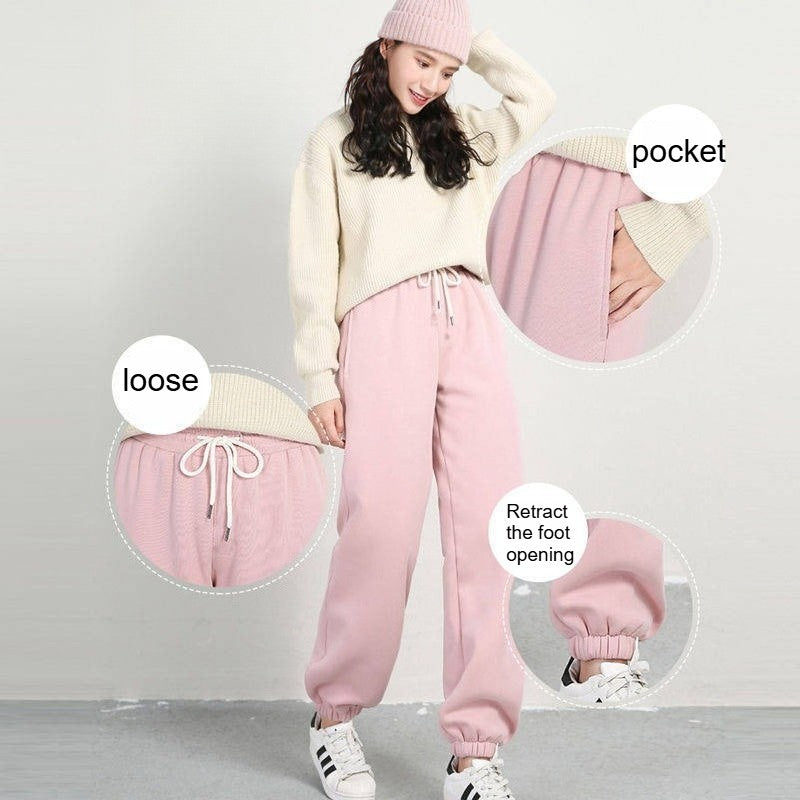 ??Women's Fleece Lined Joggers Winter Plush Pants High Waist Adjustable Drawstring Lounge Street Comfortable Casual Trousers??