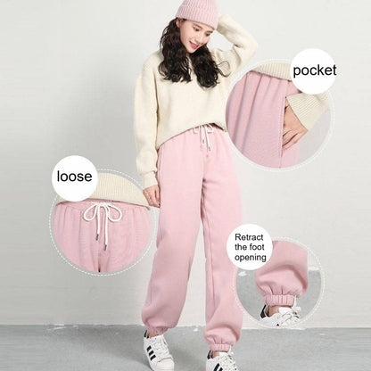 ??Women's Fleece Lined Joggers Winter Plush Pants High Waist Adjustable Drawstring Lounge Street Comfortable Casual Trousers??