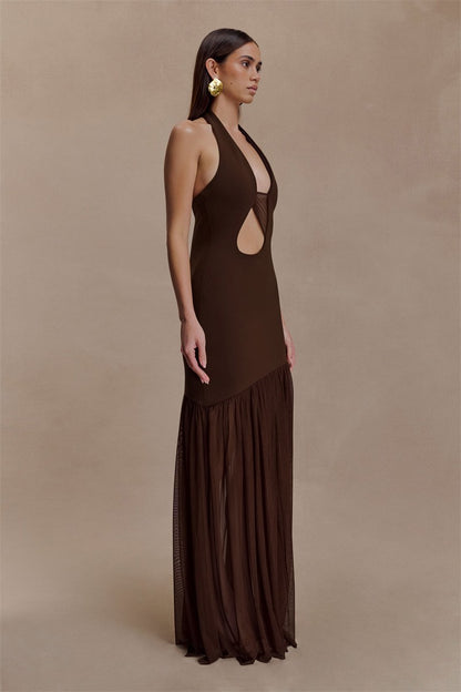 Mozision Hollow Out Halter Backless Sexy Maxi Dress Women Gown Elegant Patchwork V Neck Sleeveless Bodycon Club Party Long Dress