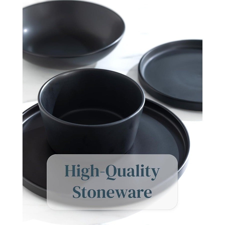 Matte black stoneware dinnerware set for 8 persons with 32 pieces Ideal for everyday dining and special occasions Includes plat