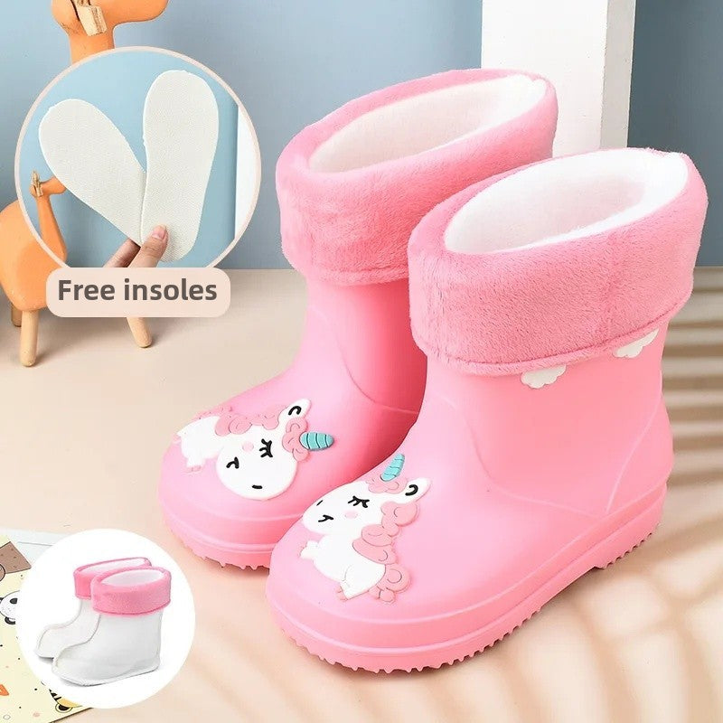 Children's Fleece-Lined Non-Slip Rain Boots For Boys And Girls Cartoon Cute Princess Style Anti-Slip Four Seasons Kids Shoes