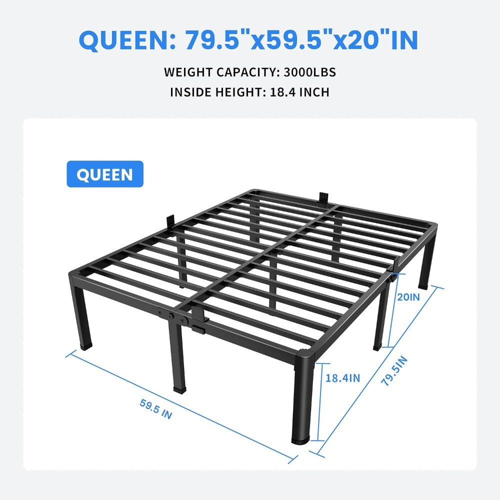 Base de Cama Queen Size de 20 Polegadas com Pernas de Canto Arredondado, Batente para Colchão, Não Requer Box Spring, Plataforma de Metal Resistente