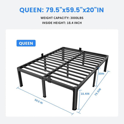 Base de Cama Queen Size de 20 Polegadas com Pernas de Canto Arredondado, Batente para Colchão, Não Requer Box Spring, Plataforma de Metal Resistente