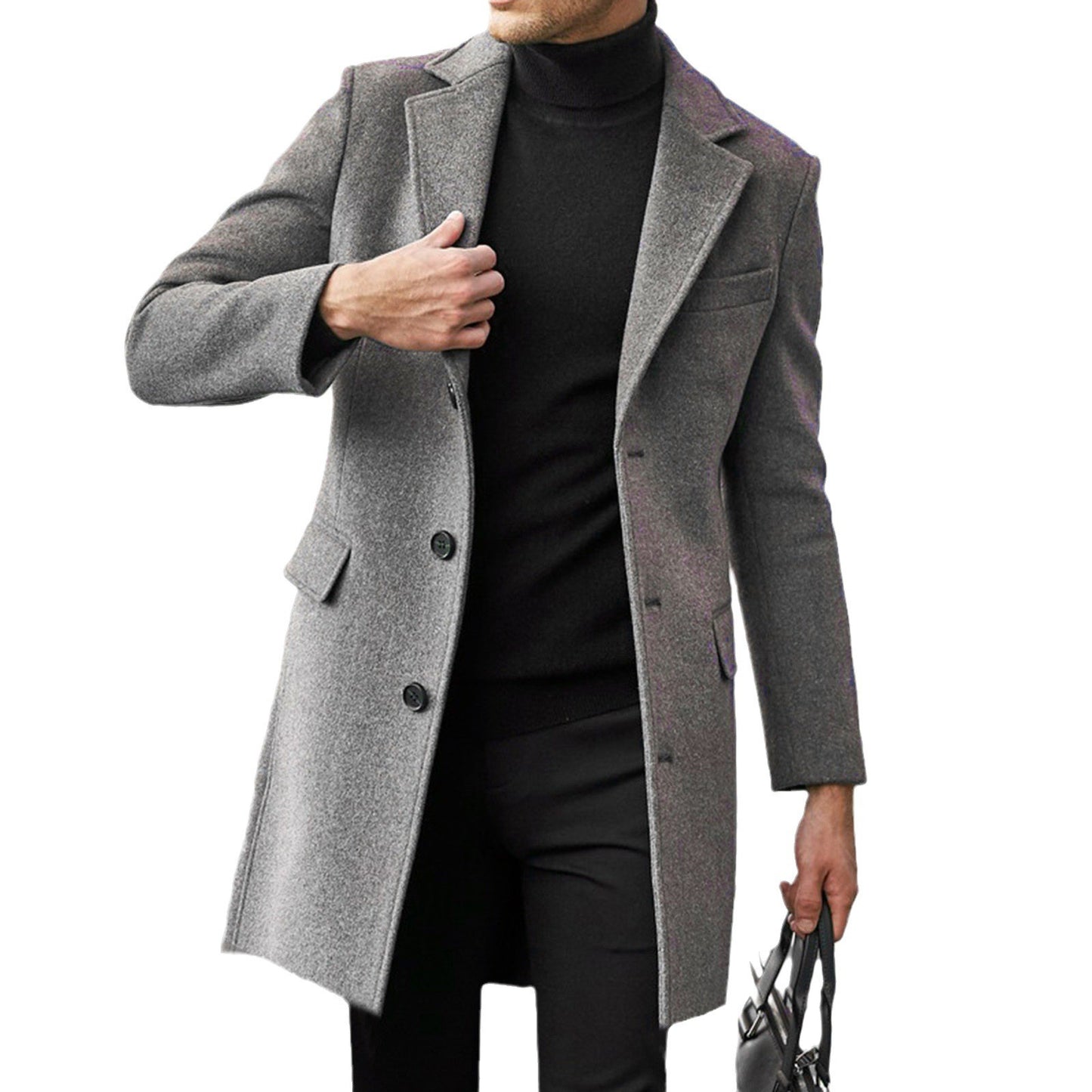 5XL Plus Size Men's Black Wool Blend Overcoat, Mens Thickened Trench Coat, Classic Stand Collar Long Coat Man