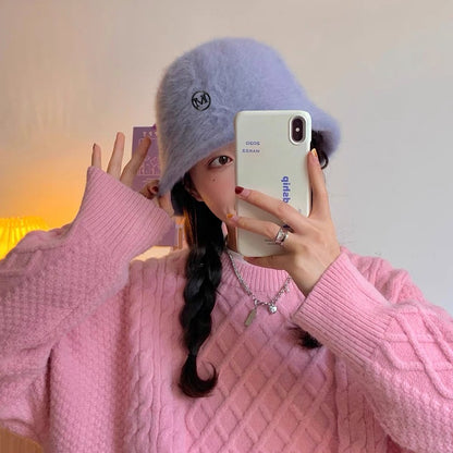 Coreia Designer M Bucket Hat Feminino Quente Pelúcia Angola Coelho Pelo Chapéu Senhora Outono Inverno Ins Moda Chapéu Bacia Retrô Fofo Panamá