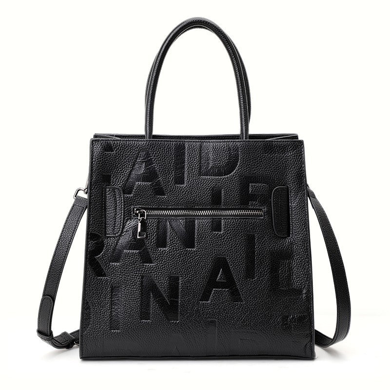 Aidrani women's large capacity handbag with letter print design, made of cowhide material, black