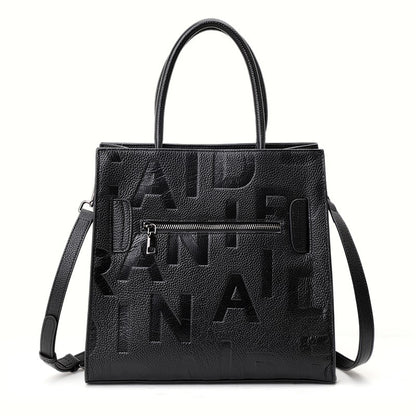 Aidrani women's large capacity handbag with letter print design, made of cowhide material, black
