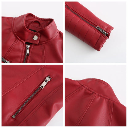 Women's Slim Leather Jacket, Stand-up Collar, Zipper Stitching, Monochromatic Coat, Fashion Clothing, New