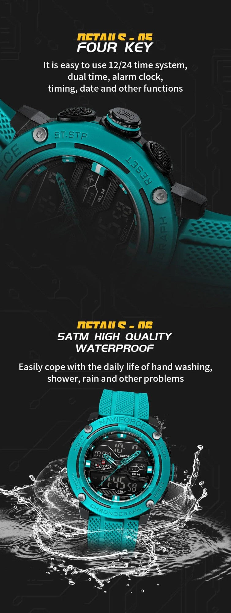 NAVIFORCE Sport Watch for Men Waterproof Dual Display Quartz Wristwatch Mens Digital Date Clock Military Stopwatch Reloj Hombre