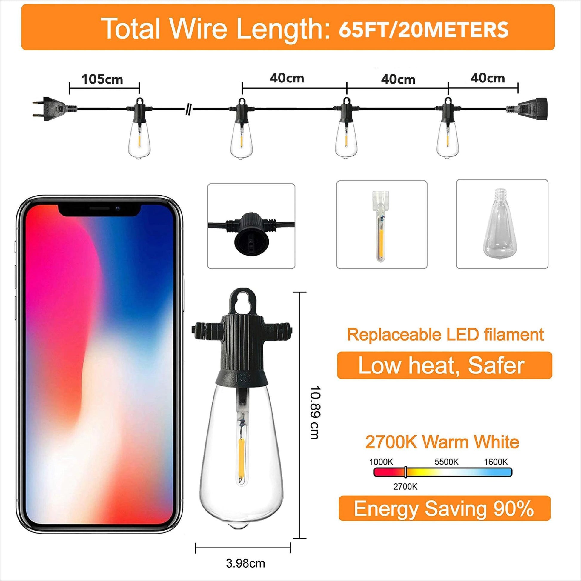 Shatterproof ST38 Plastic Outdoor String Lights Waterproof LED Garden Light Garland Connectable Retro Festoon Decoration Light