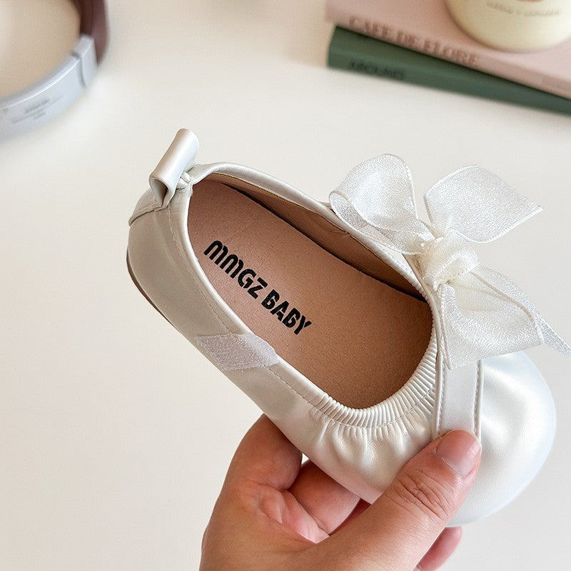 Baby Girl Princess Shoes Shine Surface Korean Style Lace Bow Casual Flats Non-Slip Toddler Kid Wedding Party Adorable Baby Shoes