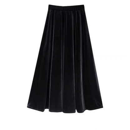 French Style Black Velvet Skirt For Women High Waist A-Line Velour Skirts Spring Autumn Simple High Street Long Skirts Plus Size