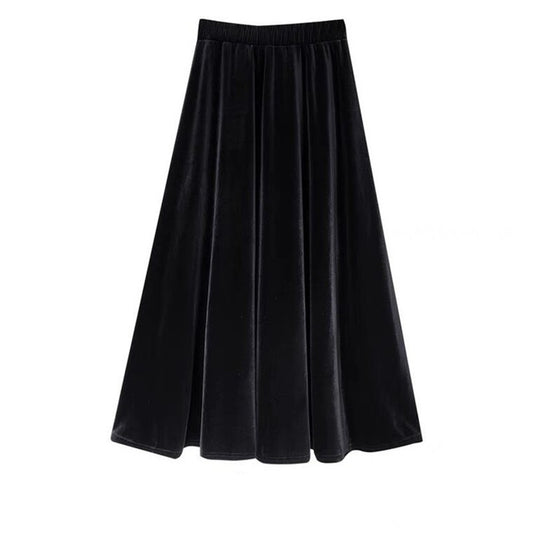French Style Black Velvet Skirt For Women High Waist A-Line Velour Skirts Spring Autumn Simple High Street Long Skirts Plus Size