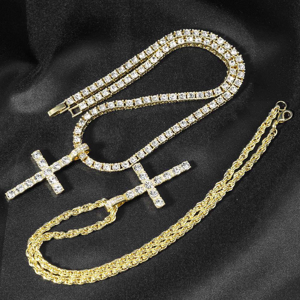 Colar com Pingente de Cruz Iced Out Hip Hop Alça Corrente de Tênis de Zircônia de 4mm Masculino Feminino Colar Brilhante Joia Punk Presente de Moda