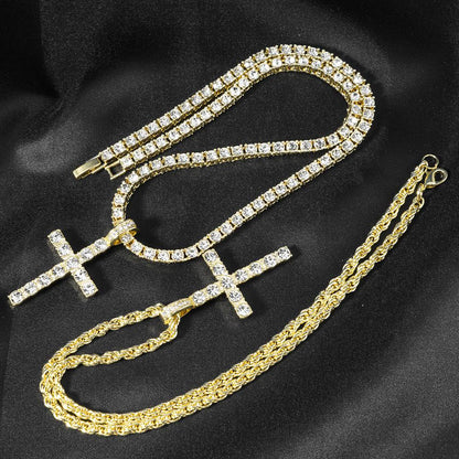 Colar com Pingente de Cruz Iced Out Hip Hop Alça Corrente de Tênis de Zircônia de 4mm Masculino Feminino Colar Brilhante Joia Punk Presente de Moda