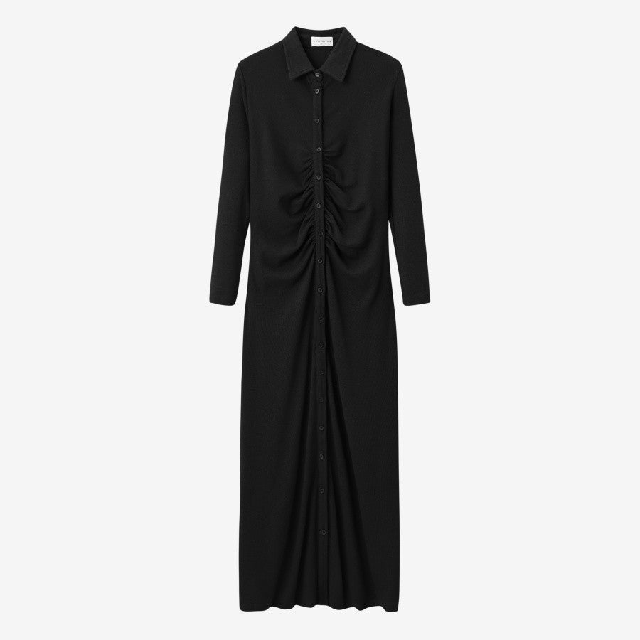 AS AW25 woman dress turn-down collar ribbing high elastic shirring maxi dress