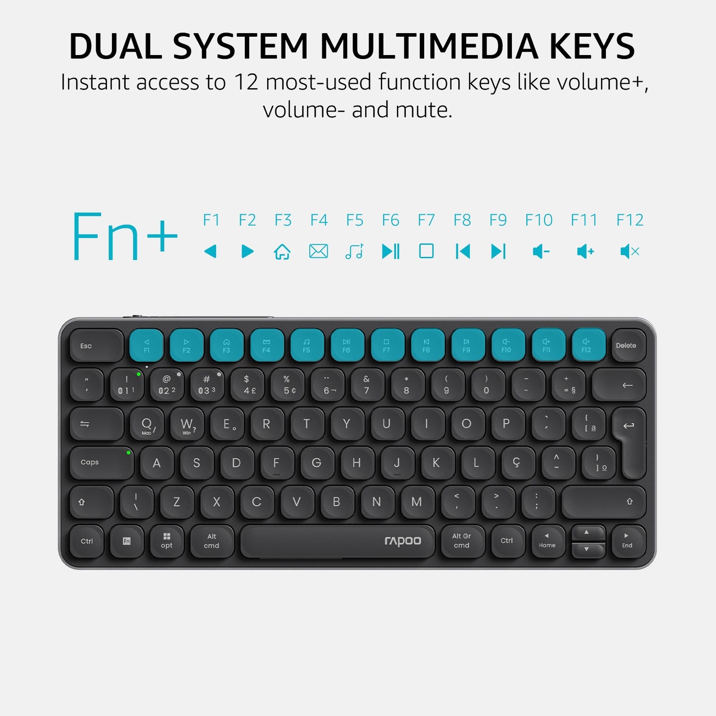 Teclado Sem Fio Bluetooth Multidispositivo Recarregável Rapoo E9050L ABNT2 Português Brasil na Cor Preta com Teclas Multimídia